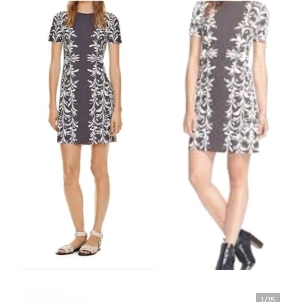 Tory Burch NWT Symphony Brushstroke Print A Line Sheath Dress Stretch Sz M Gray